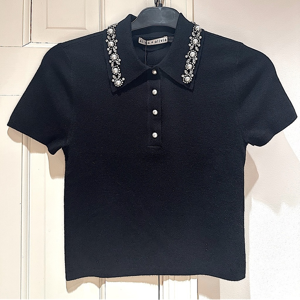 ALICE + OLIVIA Black Polo Shirt Sweater with Pearl Beading on Collar